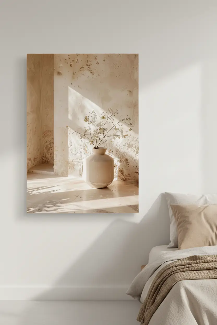 Le Vase dans la Niche — Affiche murale minimaliste ivoire végétal, affiche murale minimaliste avec cadre bois, décoration murale salon ou chambre, style méditerranéen