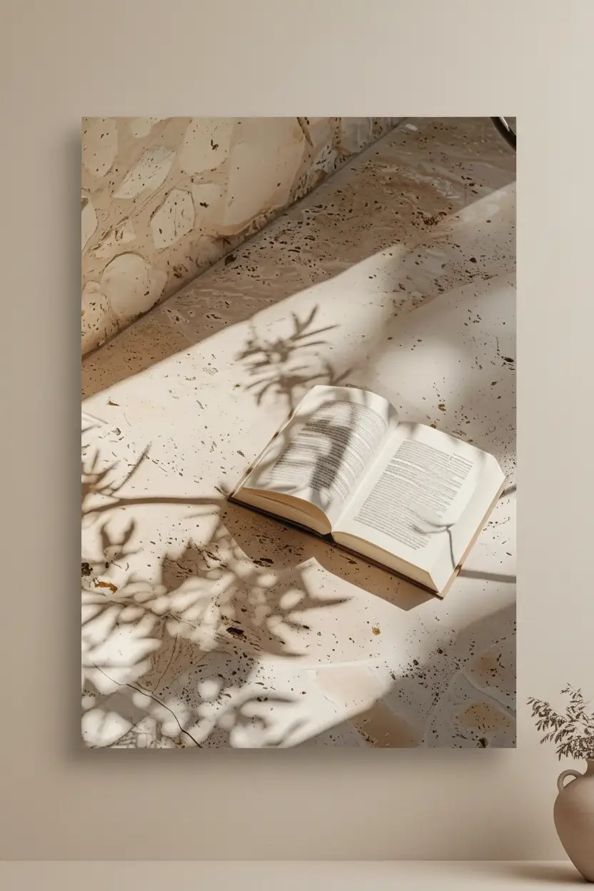 L'Ombre du Livre — Affiche murale minimaliste beige travertin, affiche murale minimaliste avec cadre bois, décoration murale salon ou chambre, style méditerranéen