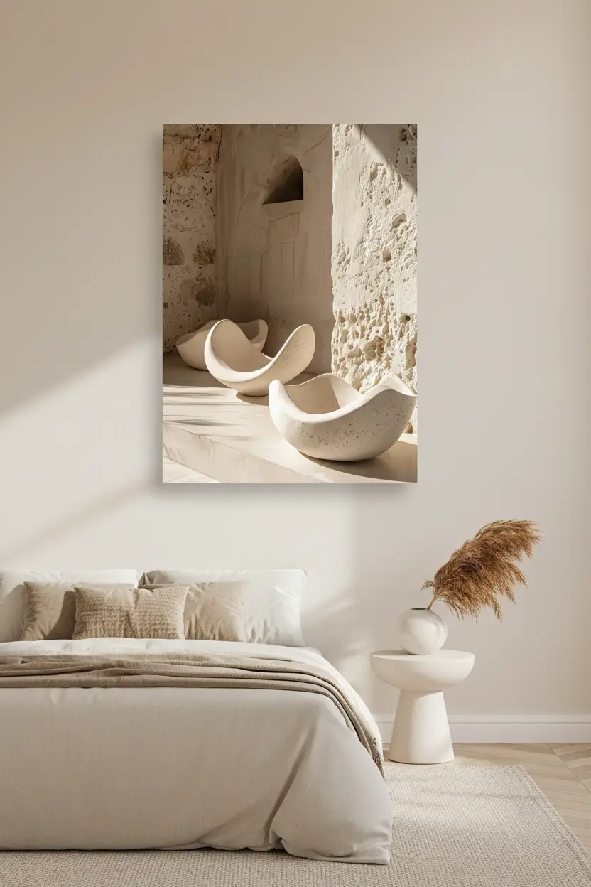 Les Coques de Pierre — Affiche murale minimaliste sable minéral, affiche murale minimaliste avec cadre bois, décoration murale salon ou chambre, style méditerranéen