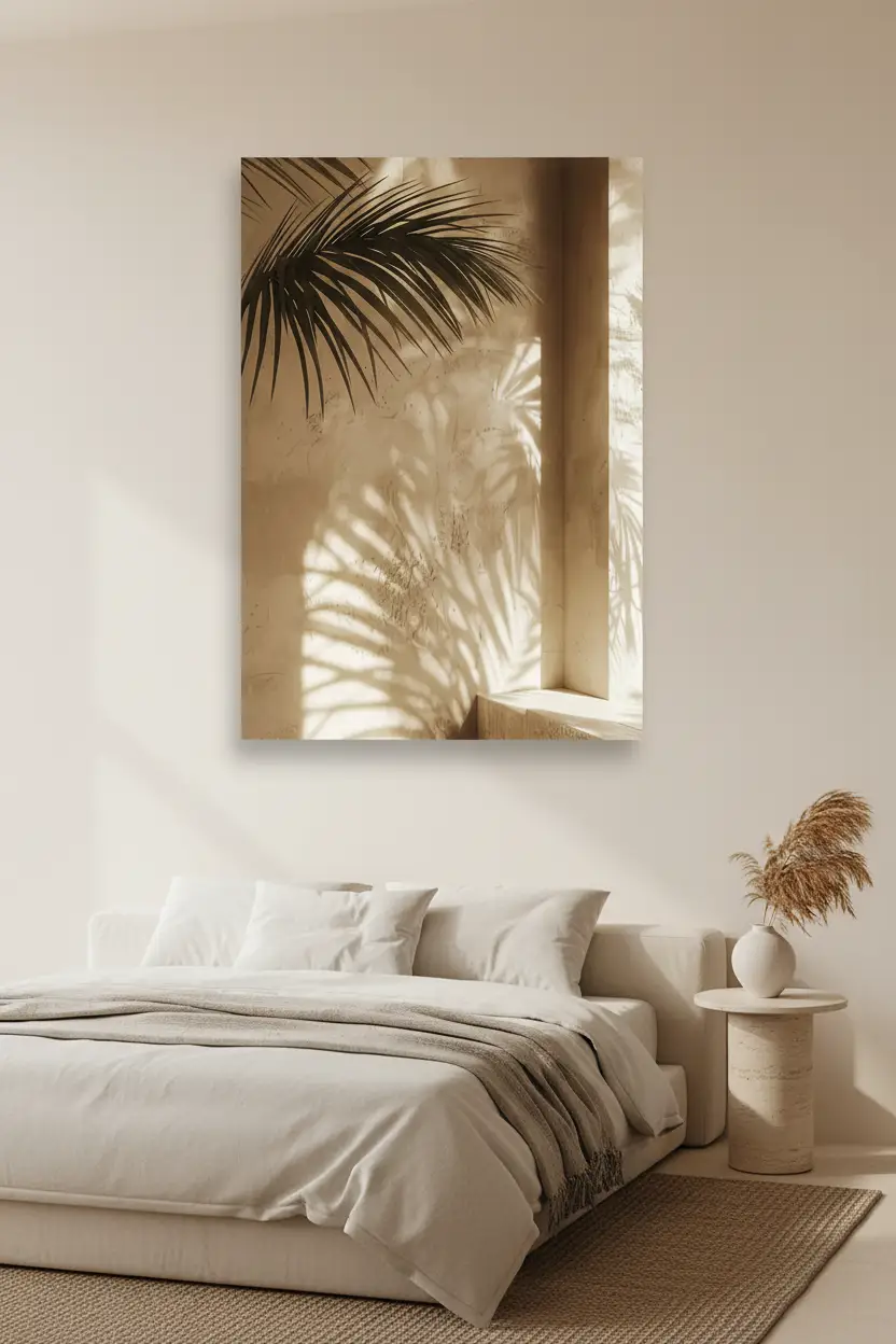L'Ombre du Palmier — Affiche murale minimaliste sable végétal, affiche murale minimaliste avec cadre bois, décoration murale salon ou chambre, style méditerranéen