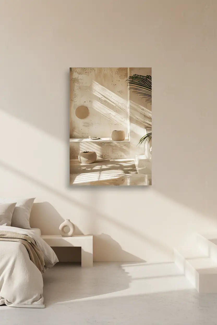 La Lumière des Poufs — Affiche murale minimaliste sable intérieur, affiche murale minimaliste avec cadre bois, décoration murale salon ou chambre, style méditerranéen