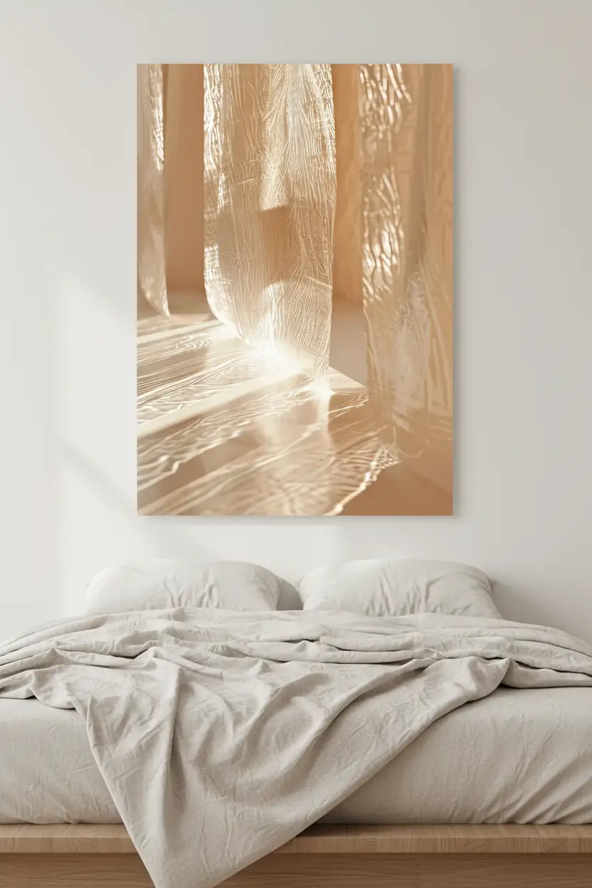 Le Voile de Verre — Affiche murale minimaliste ivoire verre lumière architecture, affiche murale minimaliste avec cadre bois, décoration murale salon ou chambre, style méditerranéen