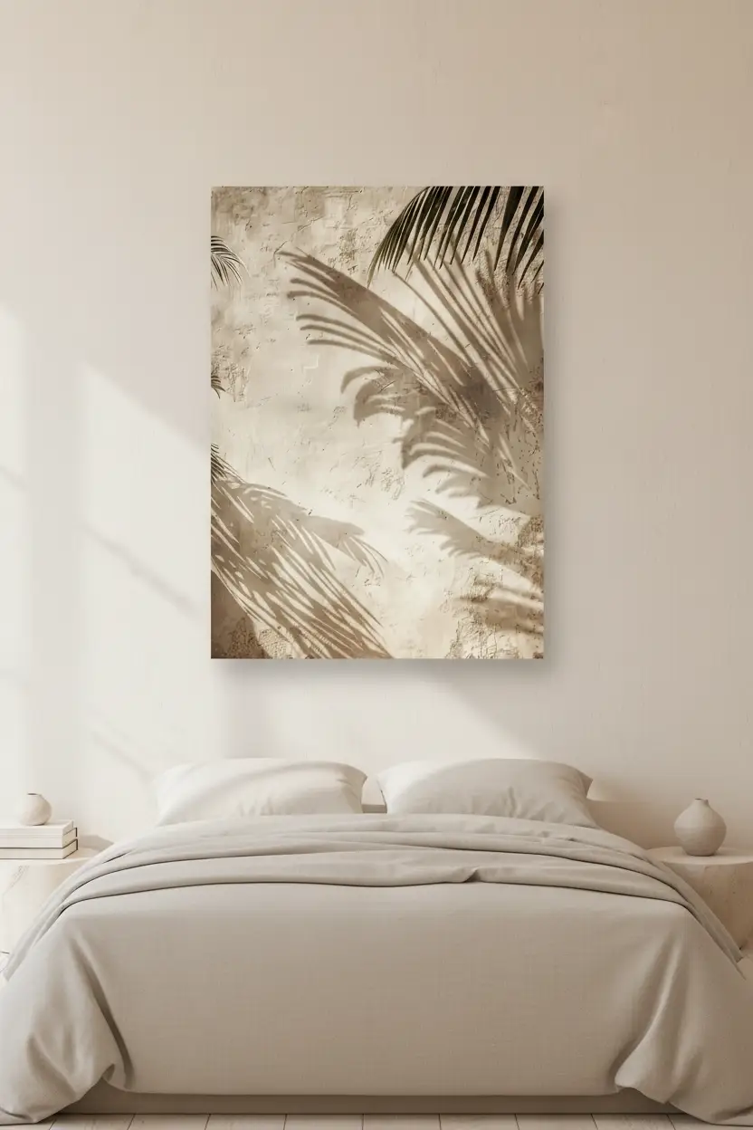 Les Ombres du Patio — Affiche murale minimaliste sable végétal, affiche murale minimaliste avec cadre bois, décoration murale salon ou chambre, style méditerranéen