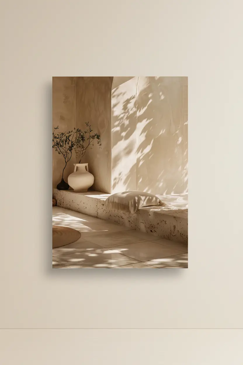 L'Angle à l'Olivier — Affiche murale minimaliste sable végétal, affiche murale minimaliste avec cadre bois, décoration murale salon ou chambre, style méditerranéen