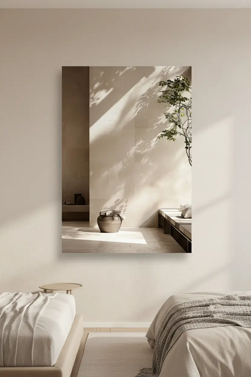 L'Ombre du Feuillage — Affiche murale minimaliste ivoire végétal, affiche murale minimaliste avec cadre bois, décoration murale salon ou chambre, style méditerranéen