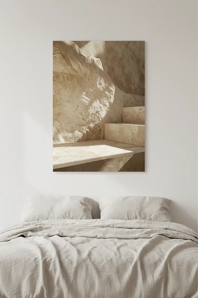 La Grotte de Pierre — Affiche murale minimaliste sable calcaire architecture, affiche murale minimaliste avec cadre bois, décoration murale salon ou chambre, style méditerranéen
