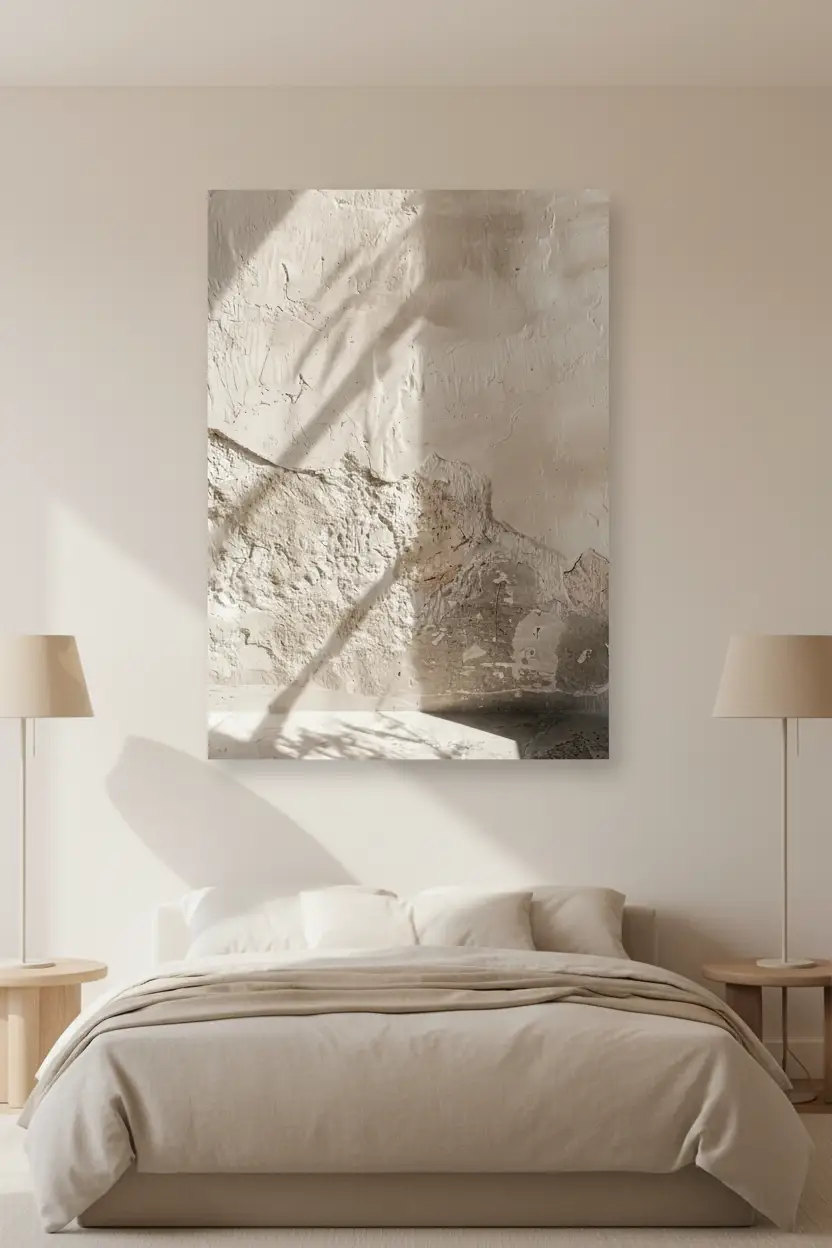 La Lumière sur l'Enduit — Affiche murale minimaliste sable minéral, affiche murale minimaliste avec cadre bois, décoration murale salon ou chambre, style méditerranéen