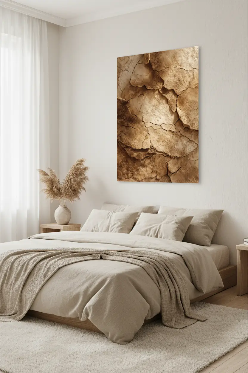 La Terre Fendue — Affiche murale minimaliste minérale sable, affiche murale minimaliste avec cadre bois, décoration murale salon ou chambre, style méditerranéen