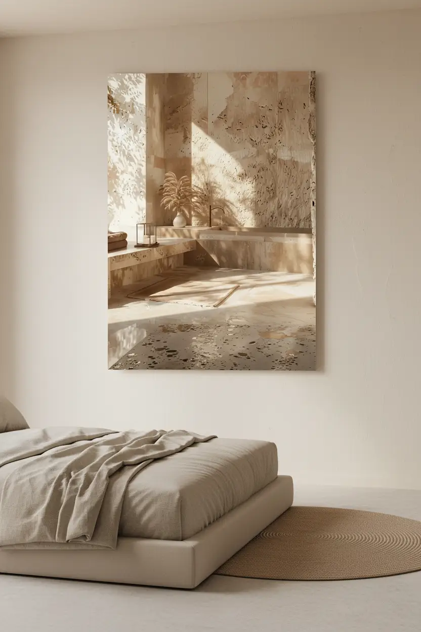Le Bain de Pierre — Affiche murale minimaliste baignoire travertin pierre ombres feuilles lumière architecture, affiche murale minimaliste avec cadre bois, décoration murale salon ou chambre, style méditerranéen
