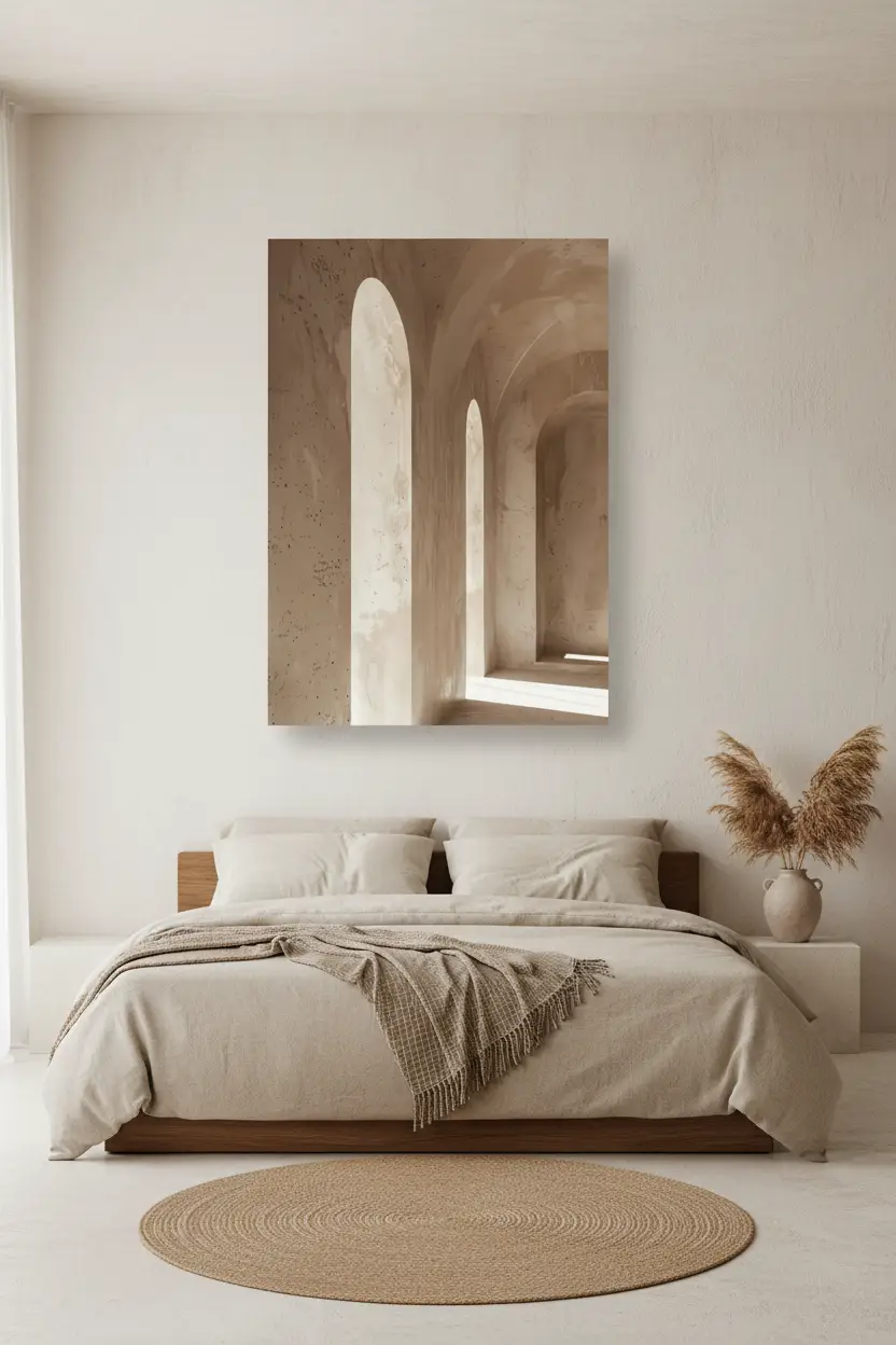 L'Allée des Voûtes — Affiche murale minimaliste beige architecture, affiche murale minimaliste avec cadre bois, décoration murale salon ou chambre, style méditerranéen