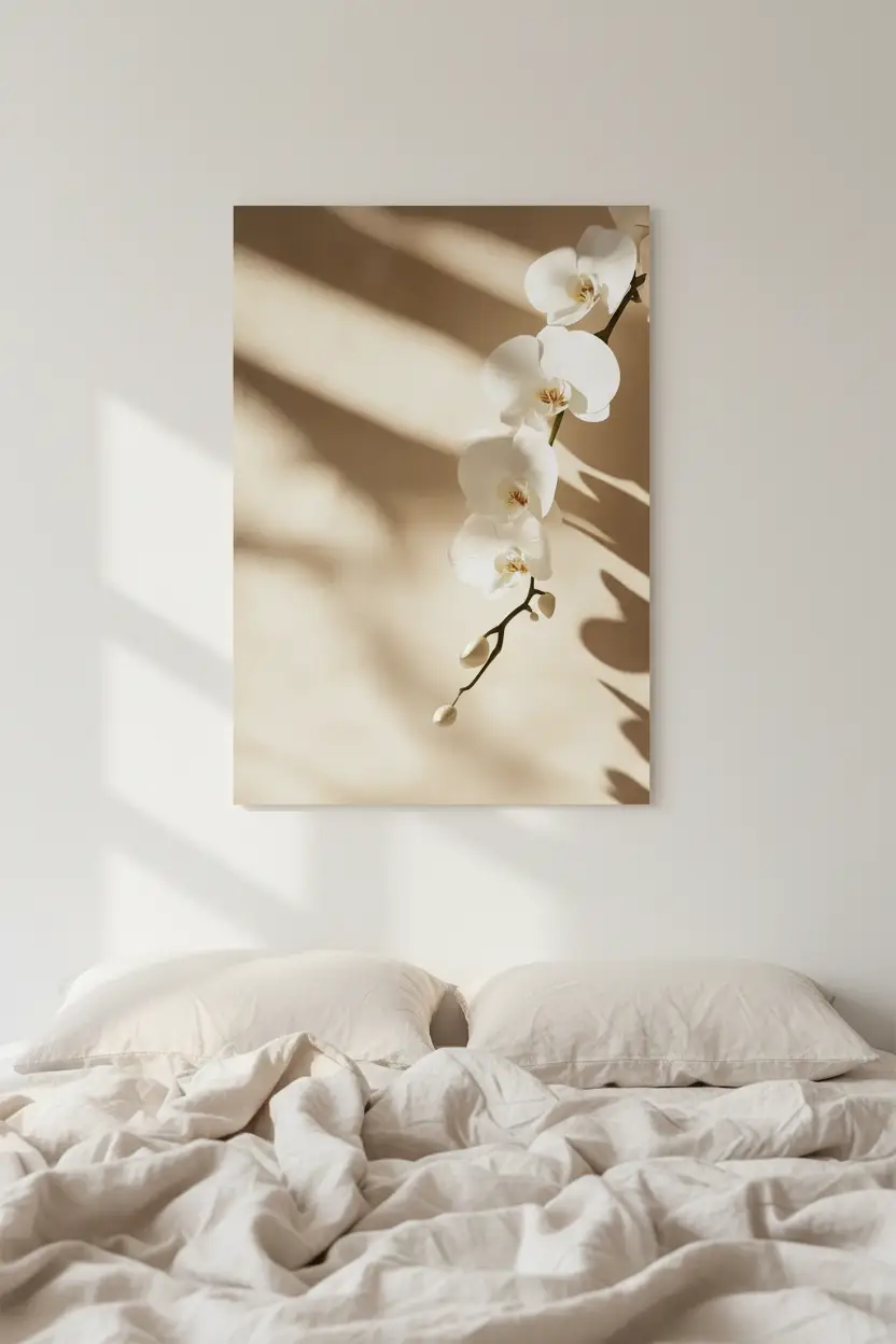 L’Orchidée et l’Ombre — Affiche murale minimaliste ivoire fleur lumière, affiche murale minimaliste avec cadre bois, décoration murale salon ou chambre, style méditerranéen