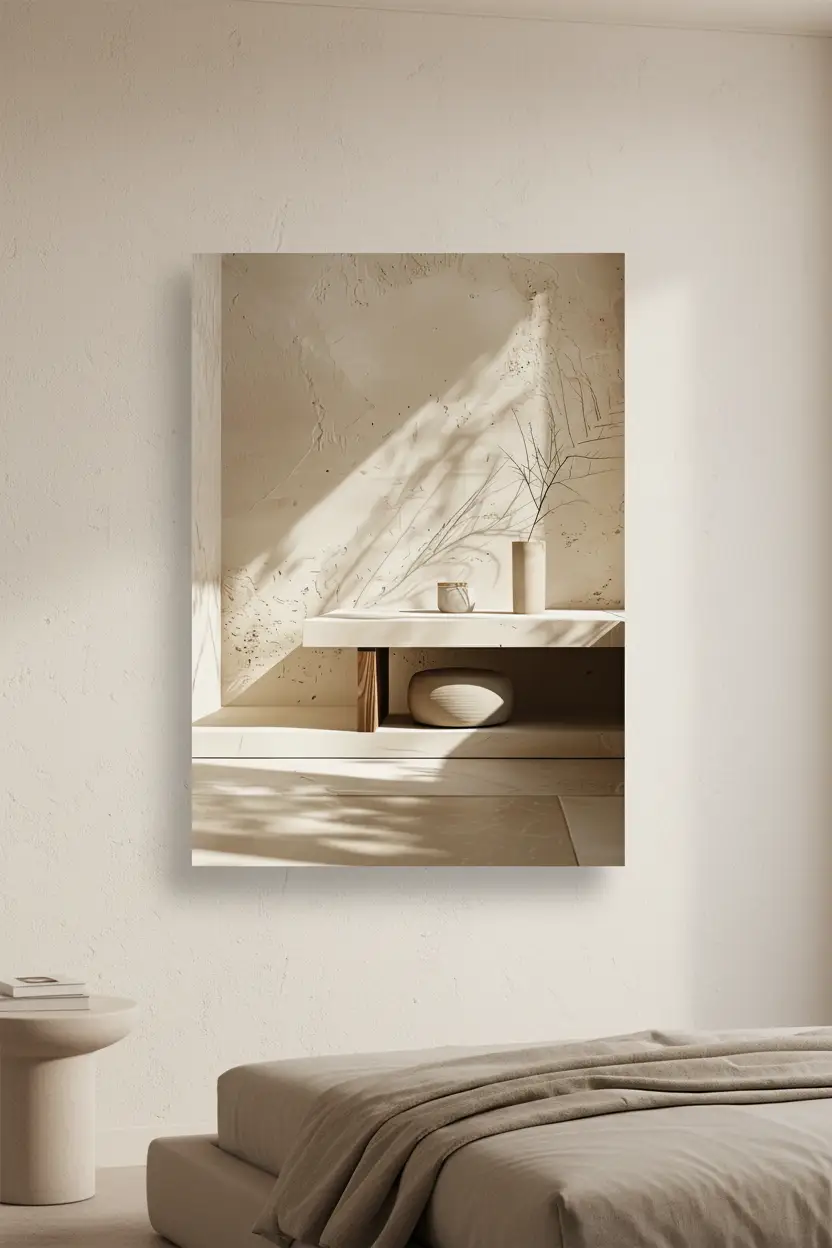 La Console et la Lumière — Affiche murale minimaliste sable intérieur, affiche murale minimaliste avec cadre bois, décoration murale salon ou chambre, style méditerranéen