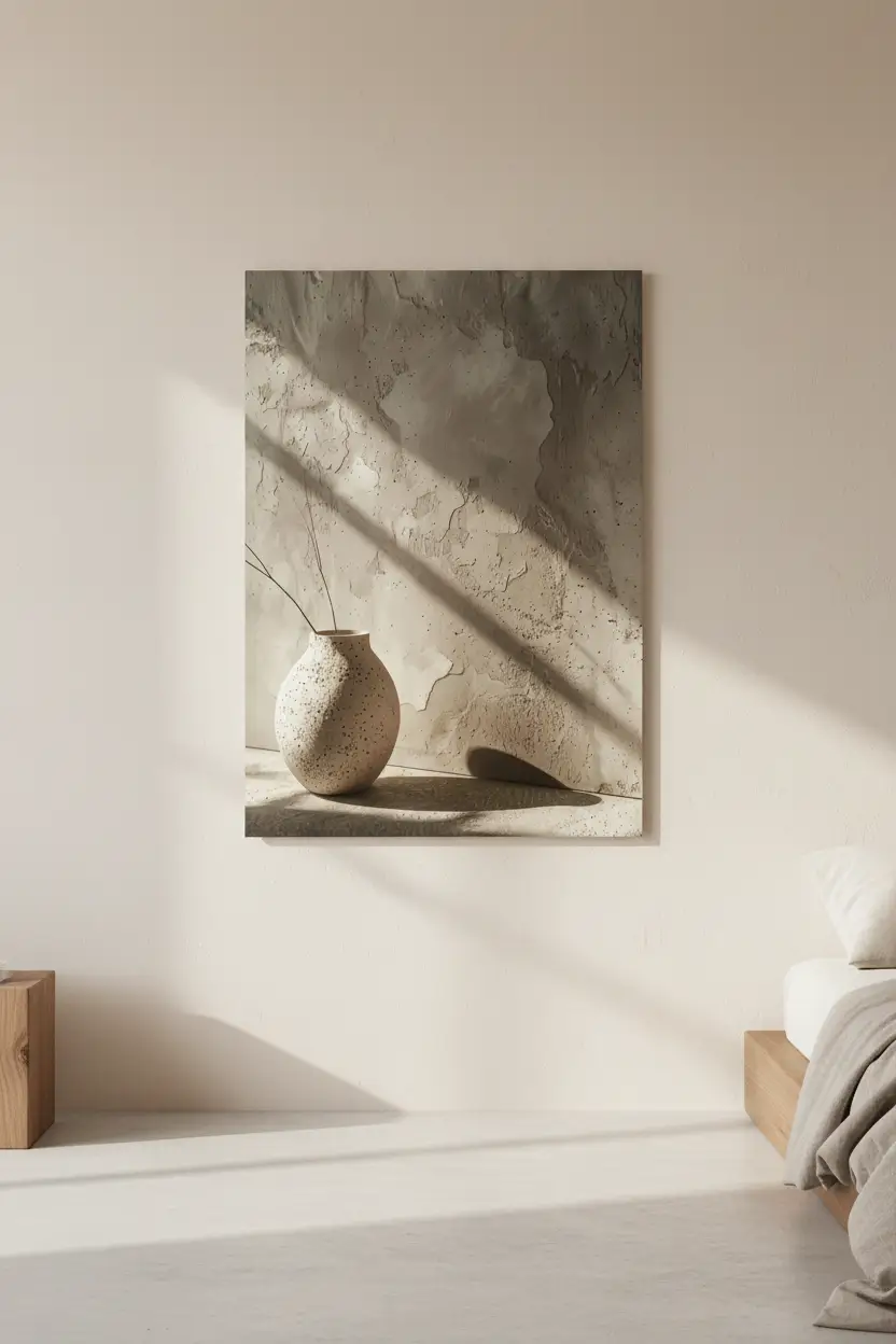 L'Ombre du Vase — Affiche murale minimaliste sable minéral, affiche murale minimaliste avec cadre bois, décoration murale salon ou chambre, style méditerranéen