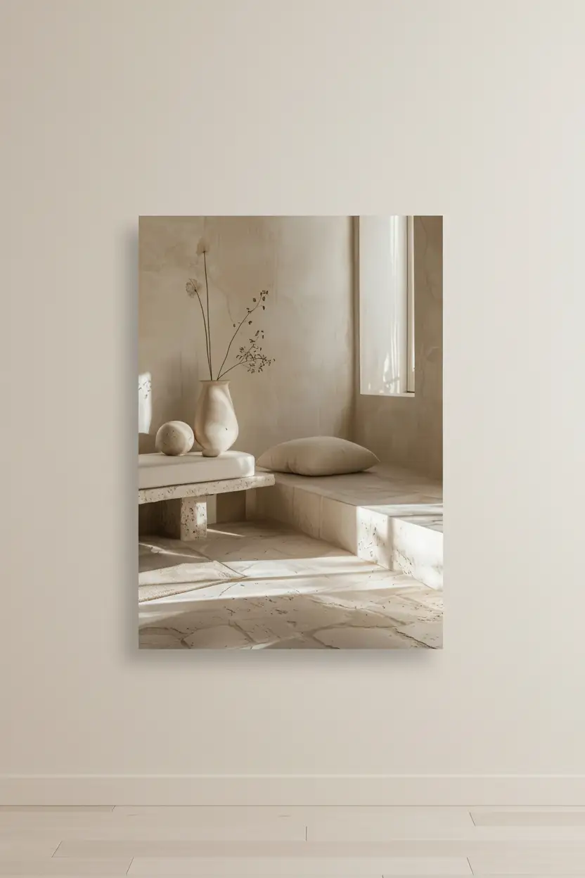 Le Salon de Travertin — Affiche murale minimaliste sable minéral, affiche murale minimaliste avec cadre bois, décoration murale salon ou chambre, style méditerranéen