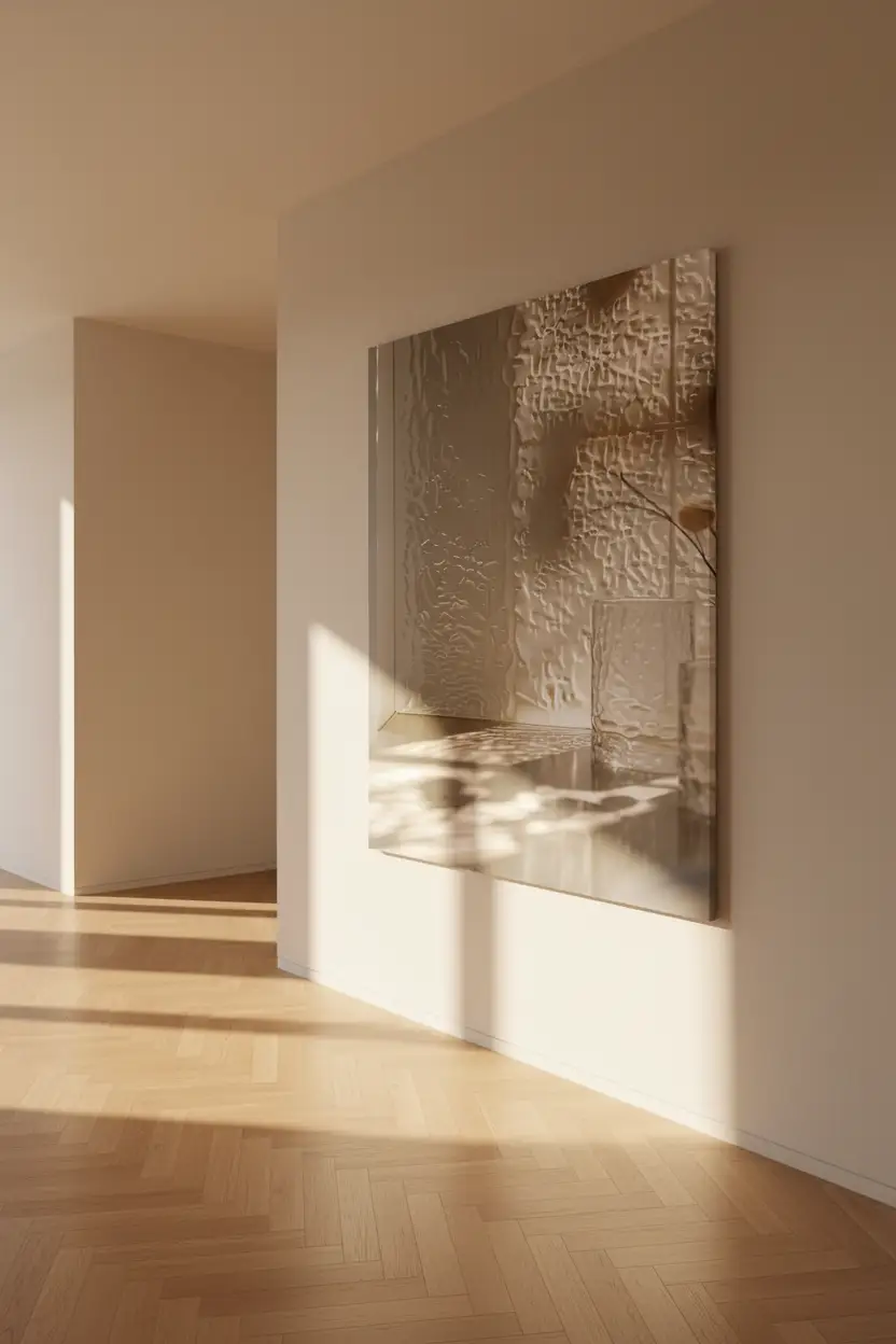 Le Verre Cathédrale — Affiche murale minimaliste ivoire reflets aquatiques lumière, affiche murale minimaliste avec cadre bois, décoration murale salon ou chambre, style méditerranéen
