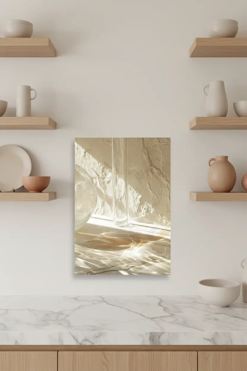 L’Eau et le Verre — Affiche murale minimaliste ivoire reflets aquatiques verre, affiche murale minimaliste avec cadre bois, décoration murale salon ou chambre, style méditerranéen