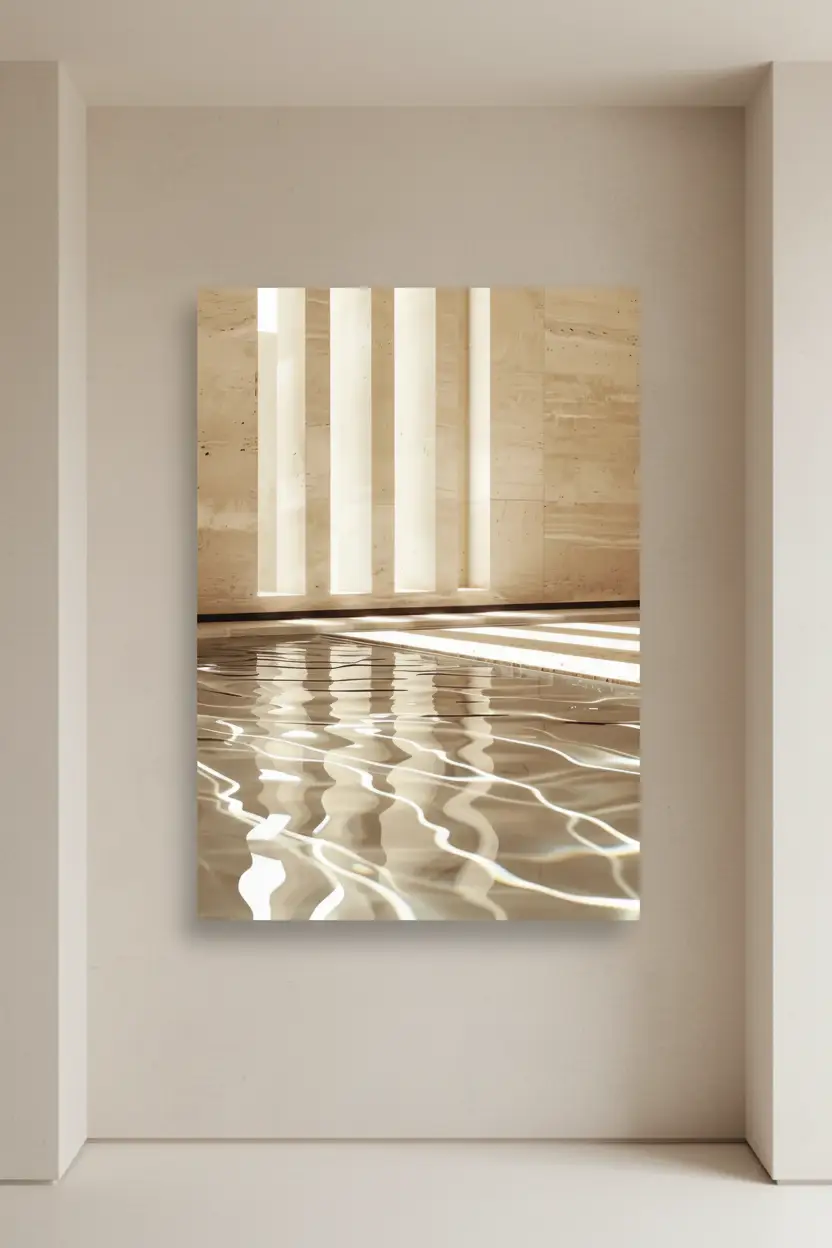Le Temple et l'Eau — Affiche murale minimaliste sable architecture, affiche murale minimaliste avec cadre bois, décoration murale salon ou chambre, style méditerranéen