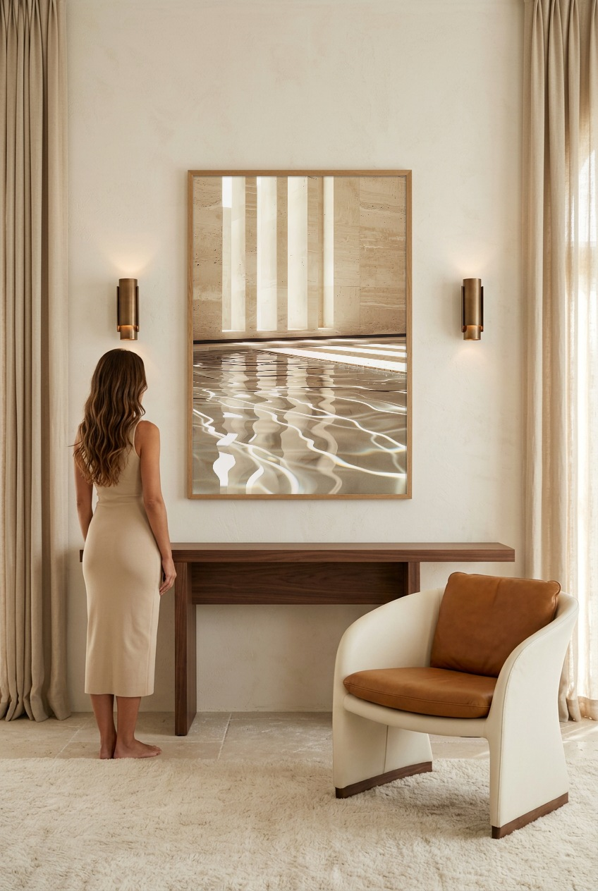 Le Temple et l'Eau — mulher em frente ao poster com moldura de carvalho