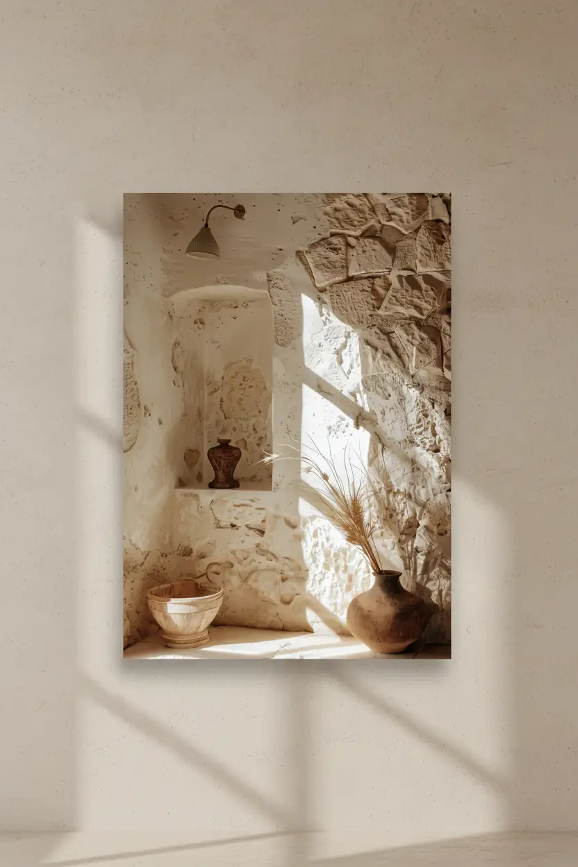 La Maison de Pierre — Affiche murale minimaliste sable architecture, affiche murale minimaliste avec cadre bois, décoration murale salon ou chambre, style méditerranéen