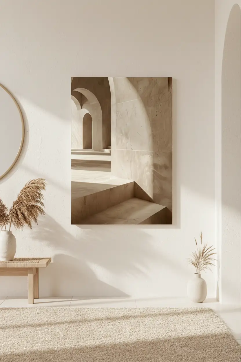 La Galerie des Arches — Affiche murale minimaliste beige architecture, affiche murale minimaliste avec cadre bois, décoration murale salon ou chambre, style méditerranéen