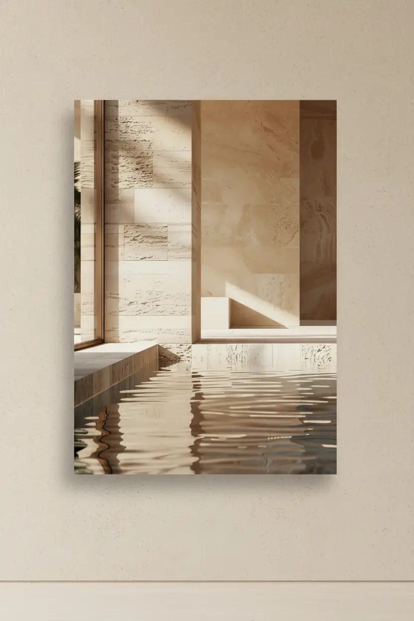 Le Bain de Travertin — Affiche murale minimaliste sable architecture, affiche murale minimaliste avec cadre bois, décoration murale salon ou chambre, style méditerranéen