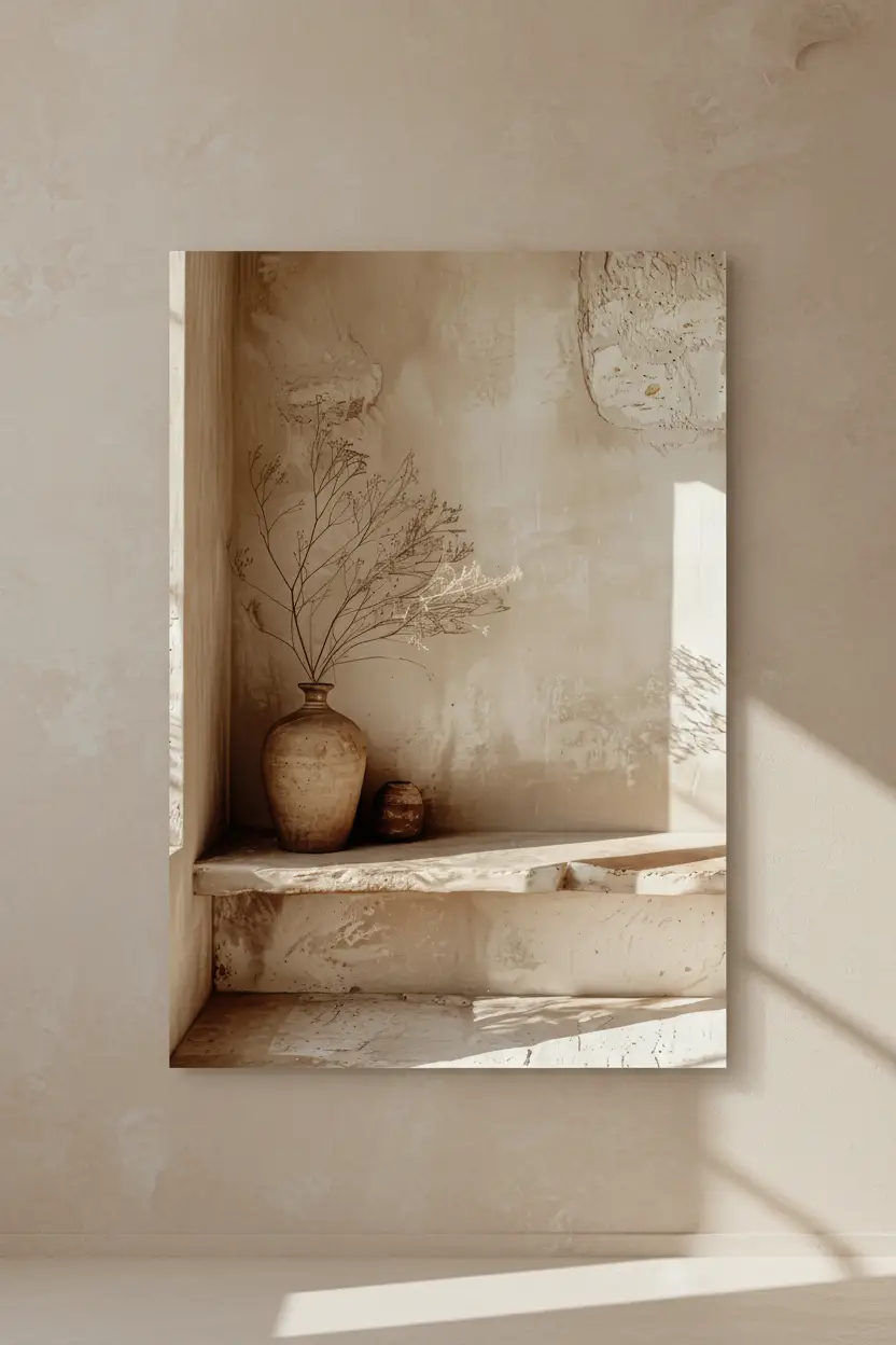 L'Angle aux Branches Séchées — Affiche murale minimaliste sable architecture, affiche murale minimaliste avec cadre bois, décoration murale salon ou chambre, style méditerranéen