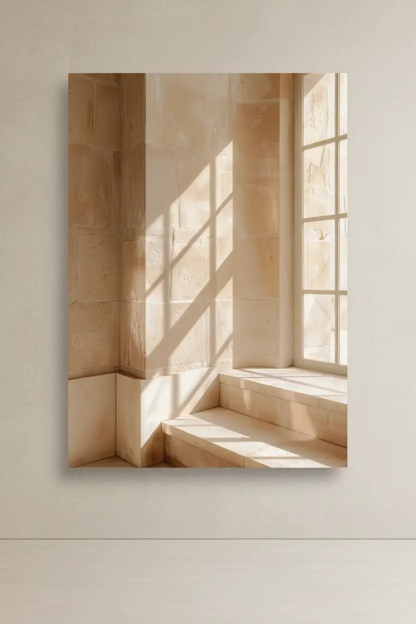 La Fenêtre de Pierre — Affiche murale minimaliste sable architecture, affiche murale minimaliste avec cadre bois, décoration murale salon ou chambre, style méditerranéen