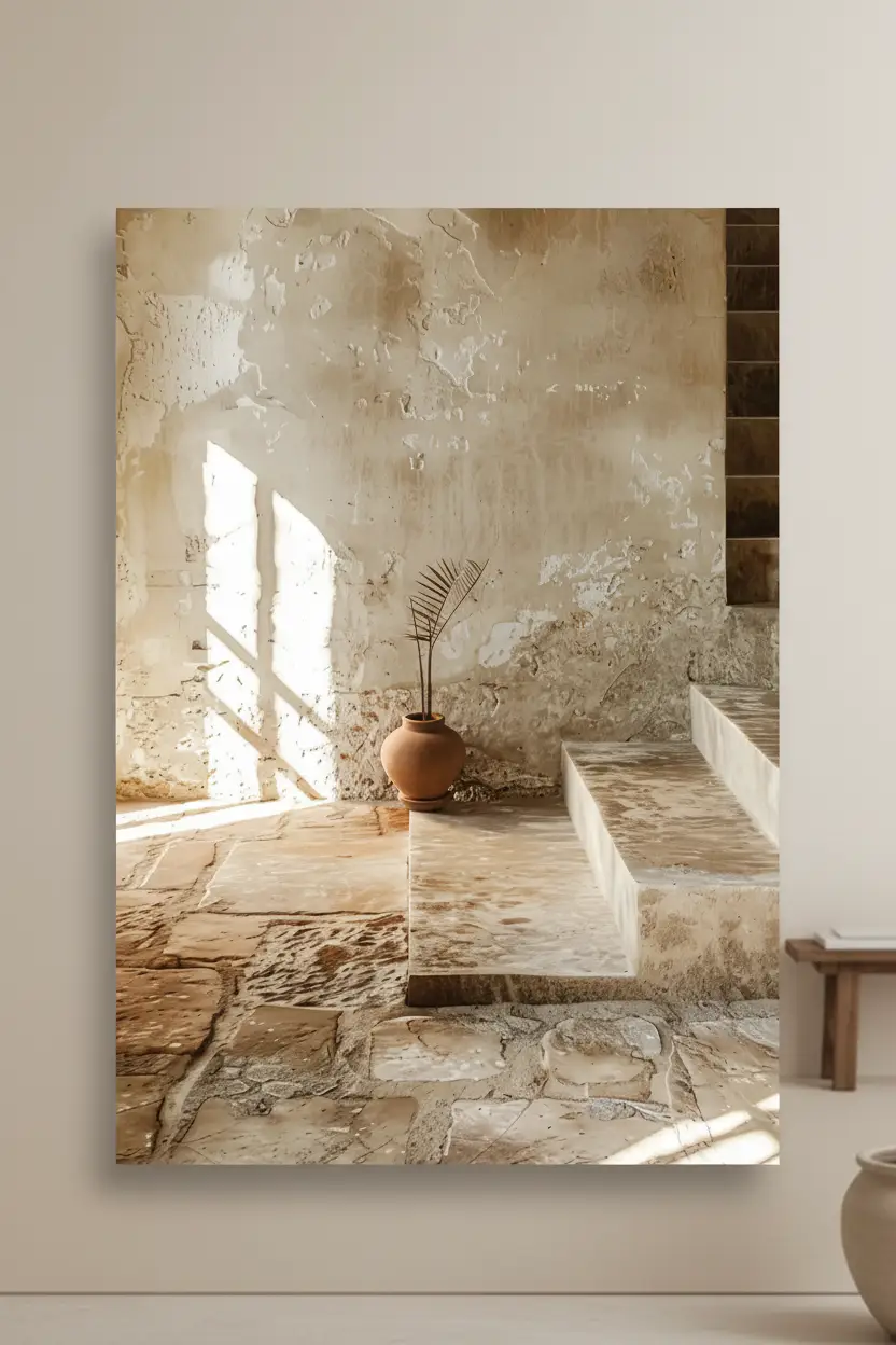 Le Vase sur la Marche — Affiche murale minimaliste sable architecture, affiche murale minimaliste avec cadre bois, décoration murale salon ou chambre, style méditerranéen