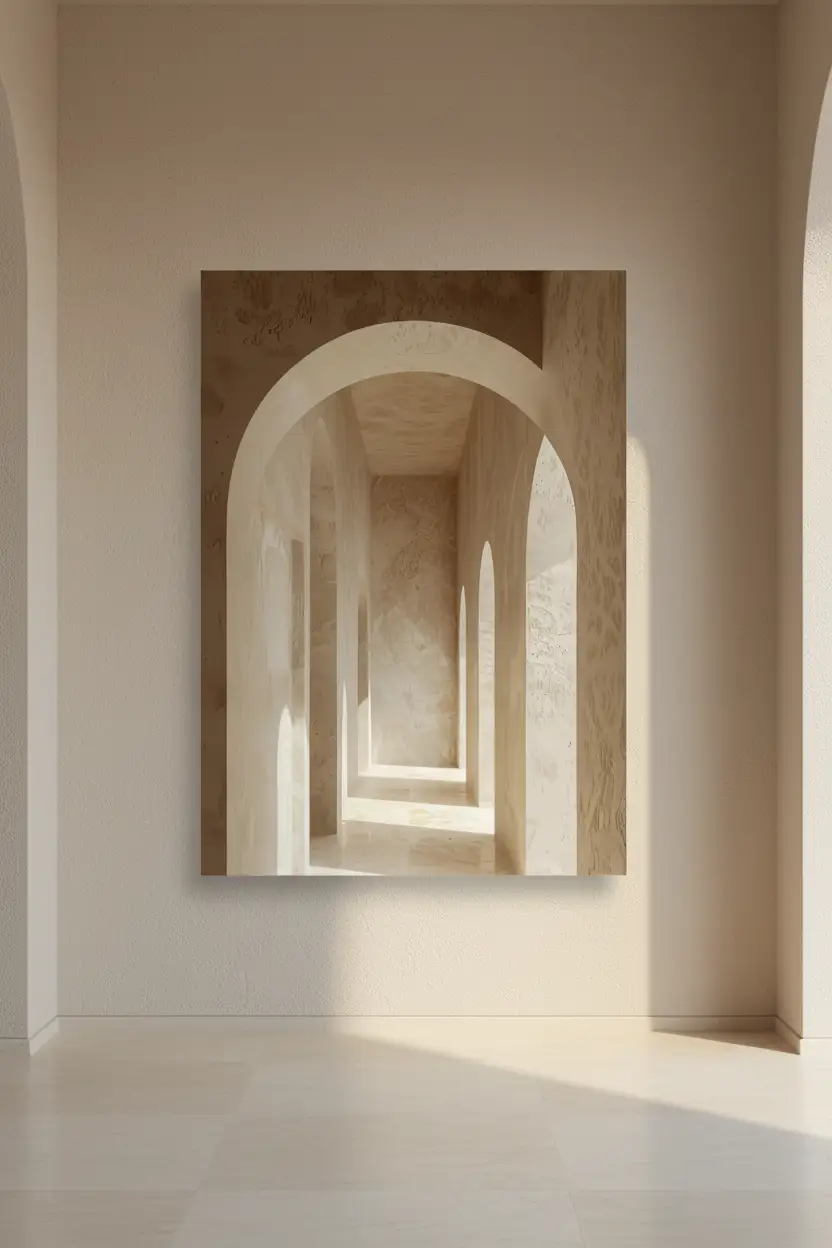 Le Couloir des Arches — Affiche murale minimaliste sable architecture, affiche murale minimaliste avec cadre bois, décoration murale salon ou chambre, style méditerranéen