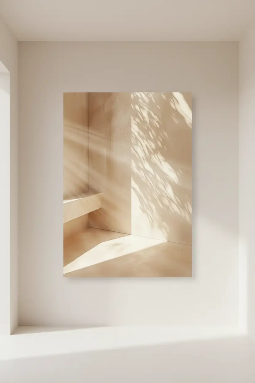 L'Escalier et l'Ombre — Affiche murale minimaliste beige architecture, affiche murale minimaliste avec cadre bois, décoration murale salon ou chambre, style méditerranéen