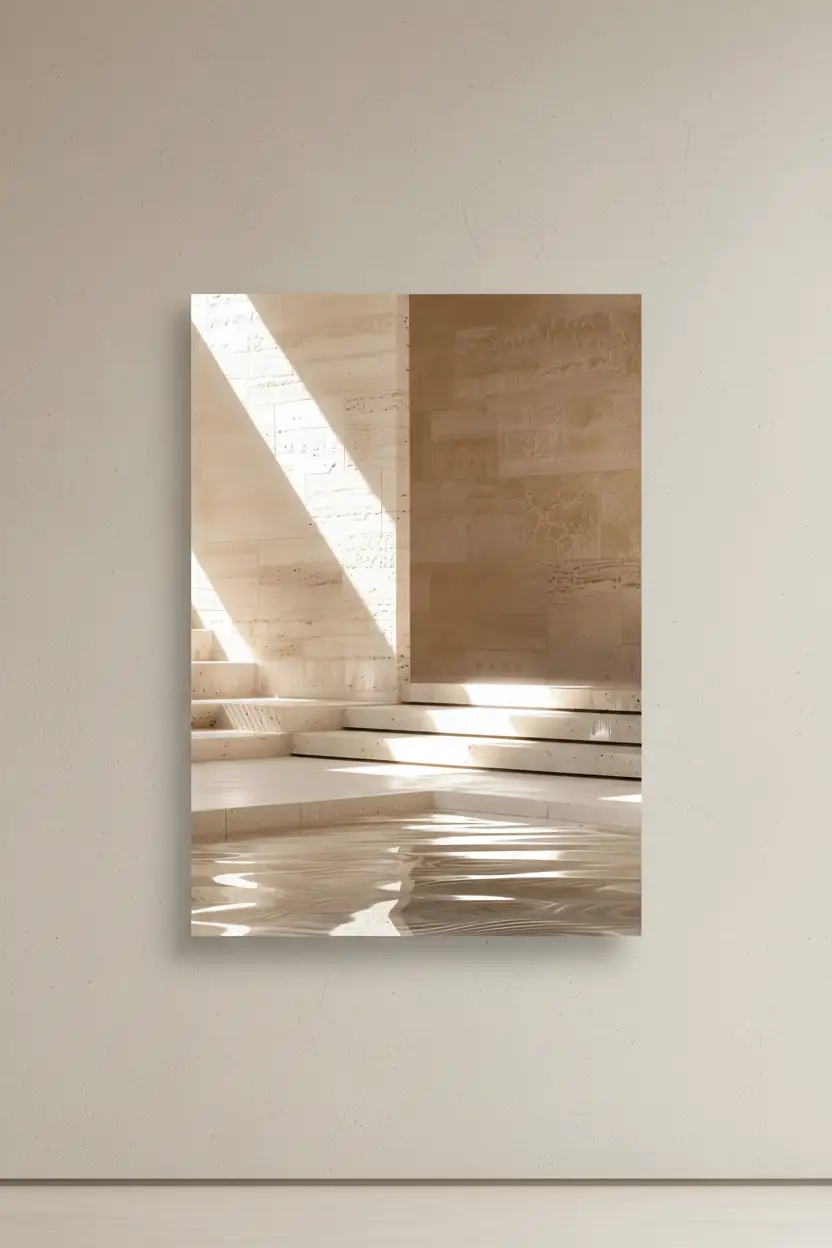 Le Bassin de Pierre — Affiche murale minimaliste sable architecture, affiche murale minimaliste avec cadre bois, décoration murale salon ou chambre, style méditerranéen
