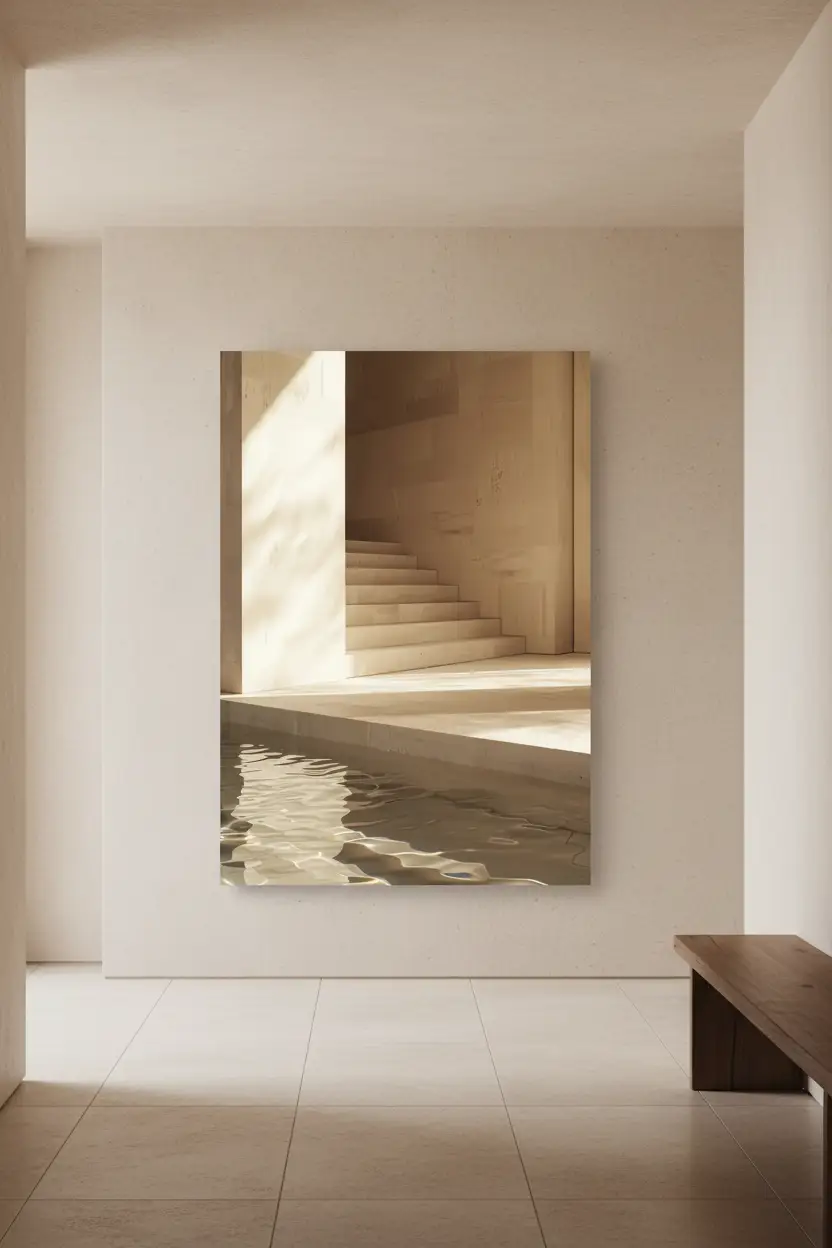 L'Escalier et le Bassin — Affiche murale minimaliste sable architecture, affiche murale minimaliste avec cadre bois, décoration murale salon ou chambre, style méditerranéen