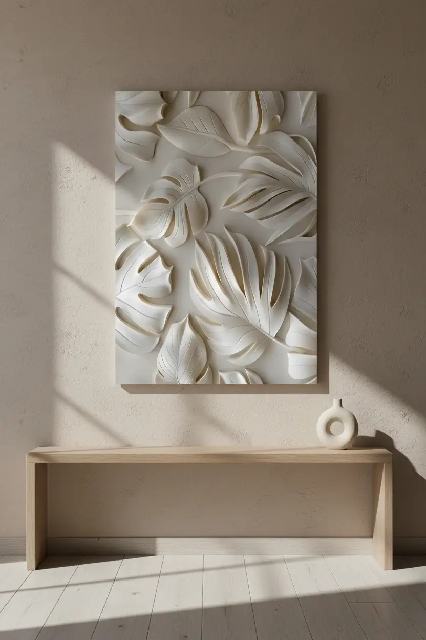 Le Souffle des Feuilles — Affiche murale minimaliste ivoire végétal sculpté, affiche murale minimaliste avec cadre bois, décoration murale salon ou chambre, style méditerranéen