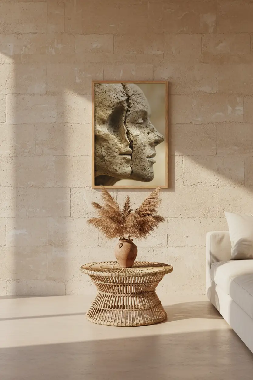 Fracture — Affiche murale minimaliste beige sable visages pierre calcaire — affiche murale minimaliste | Cassili-home