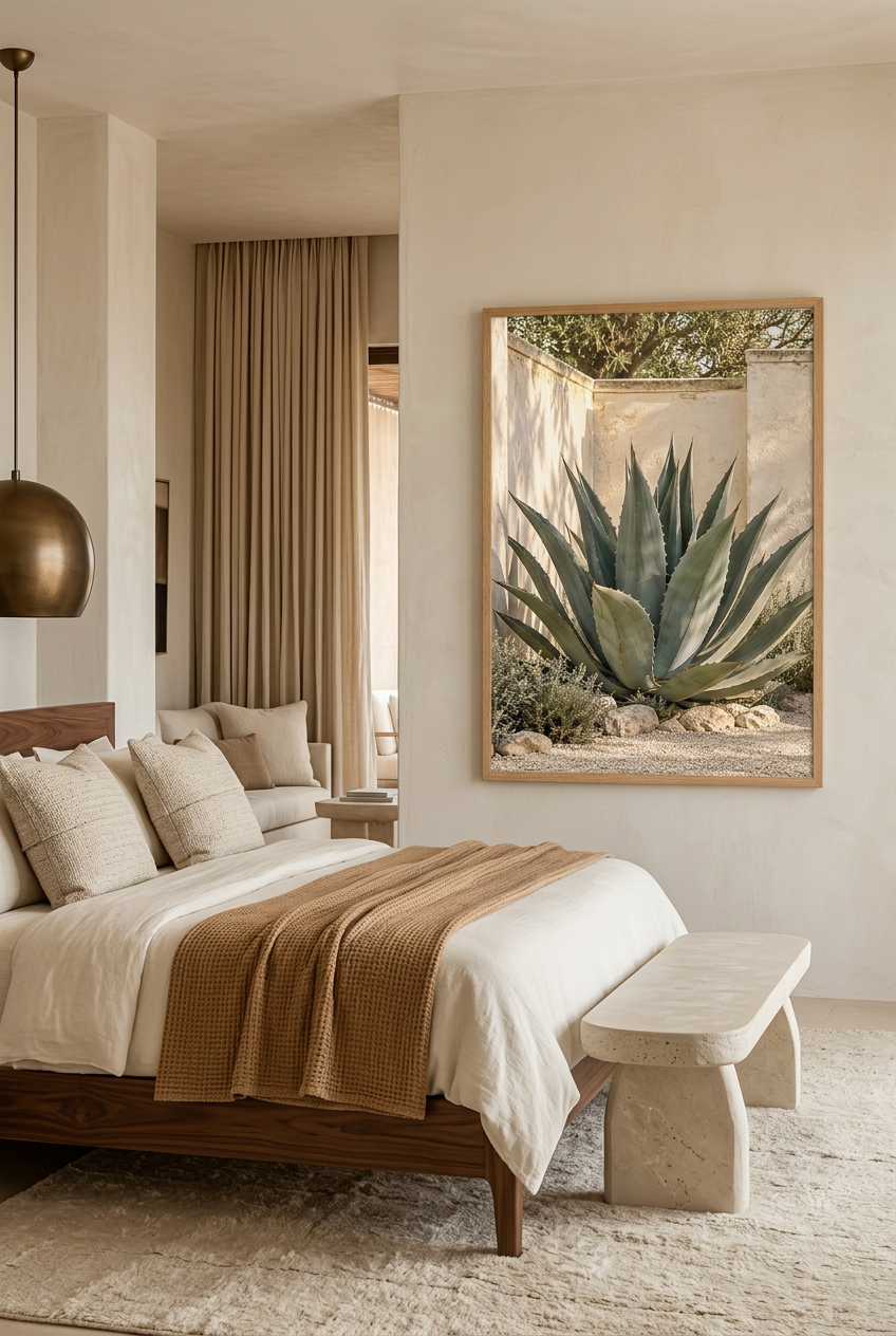 The Great Agave — poster in a solid oak frame in a bedroom