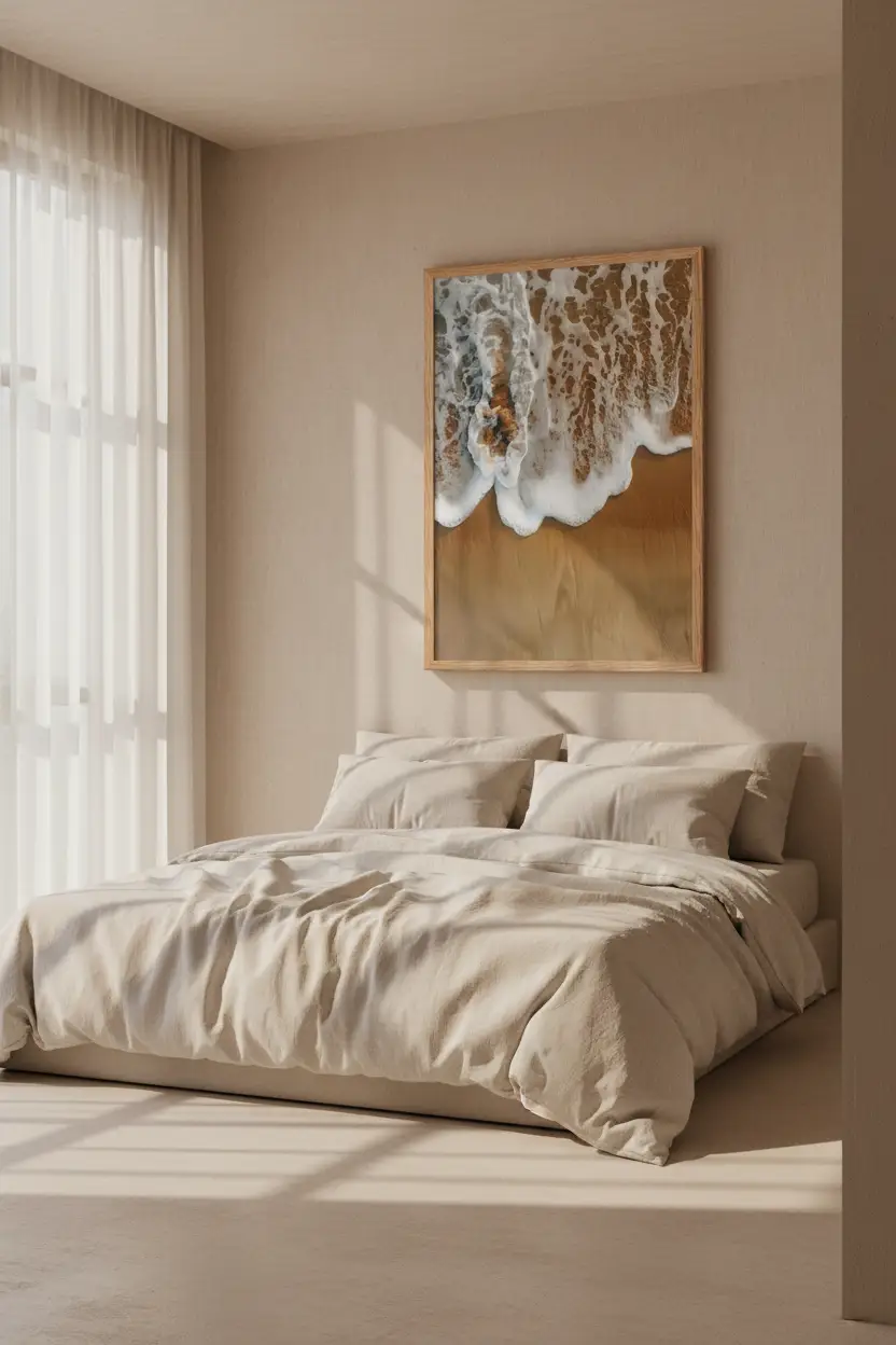 L’Écume Dorée — Affiche murale minimaliste sable doré écume blanche vue aérienne mer — affiche murale minimaliste | Cassili-home