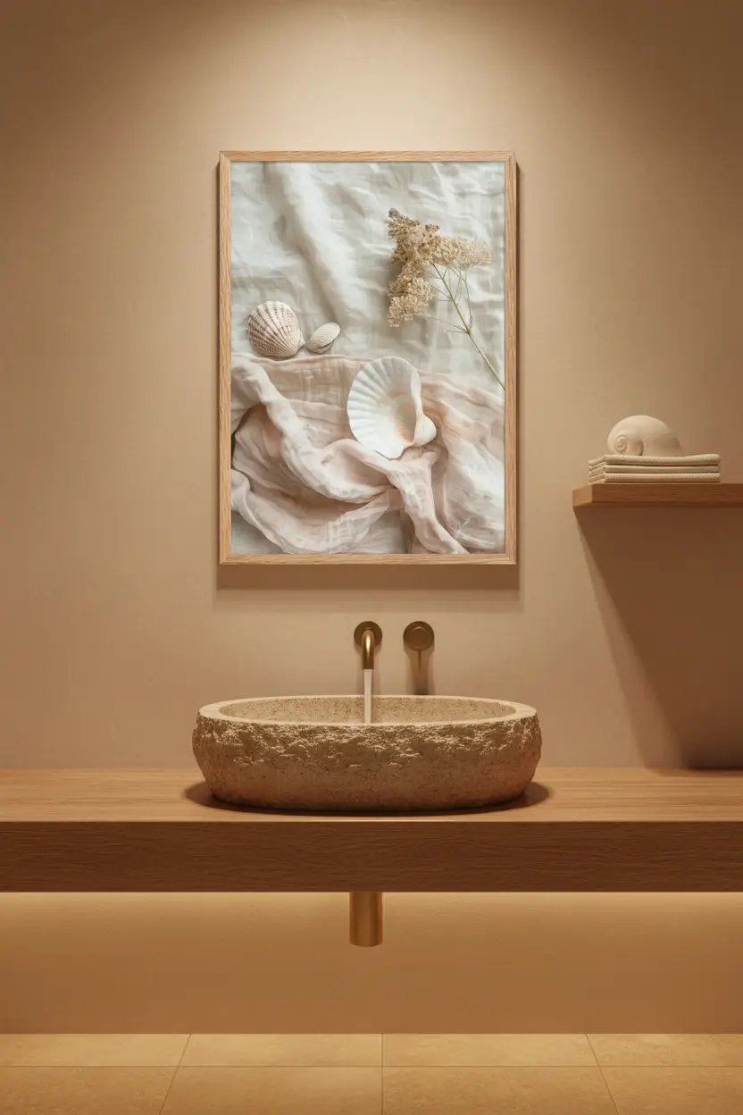 L’Écume — Affiche murale minimaliste coquillages ivoire voile pêche lin blanc fleur séchée nature mer — affiche murale minimaliste | Cassili-home