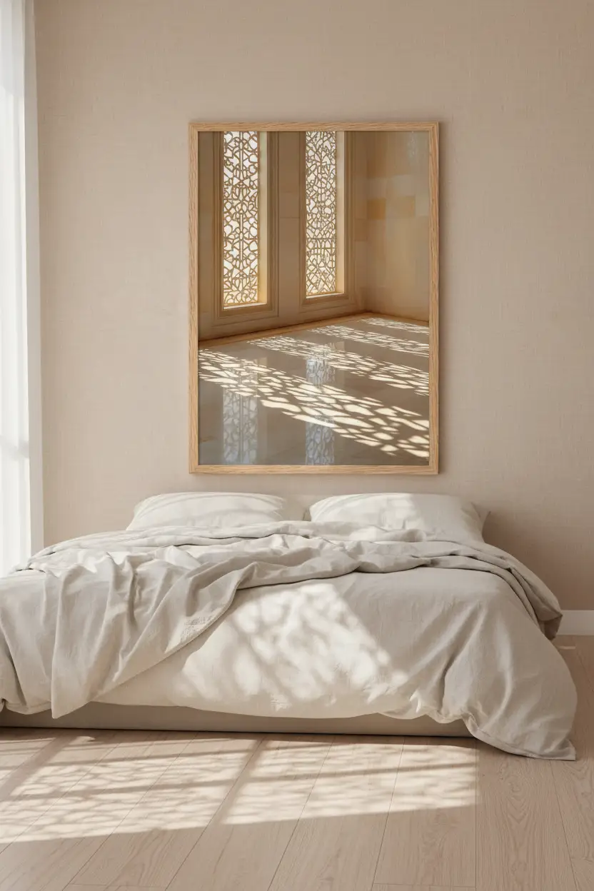La Dentelle de Lumière — Affiche murale minimaliste beige ivoire moucharabieh ombres dorées architecture — affiche murale minimaliste | Cassili-home