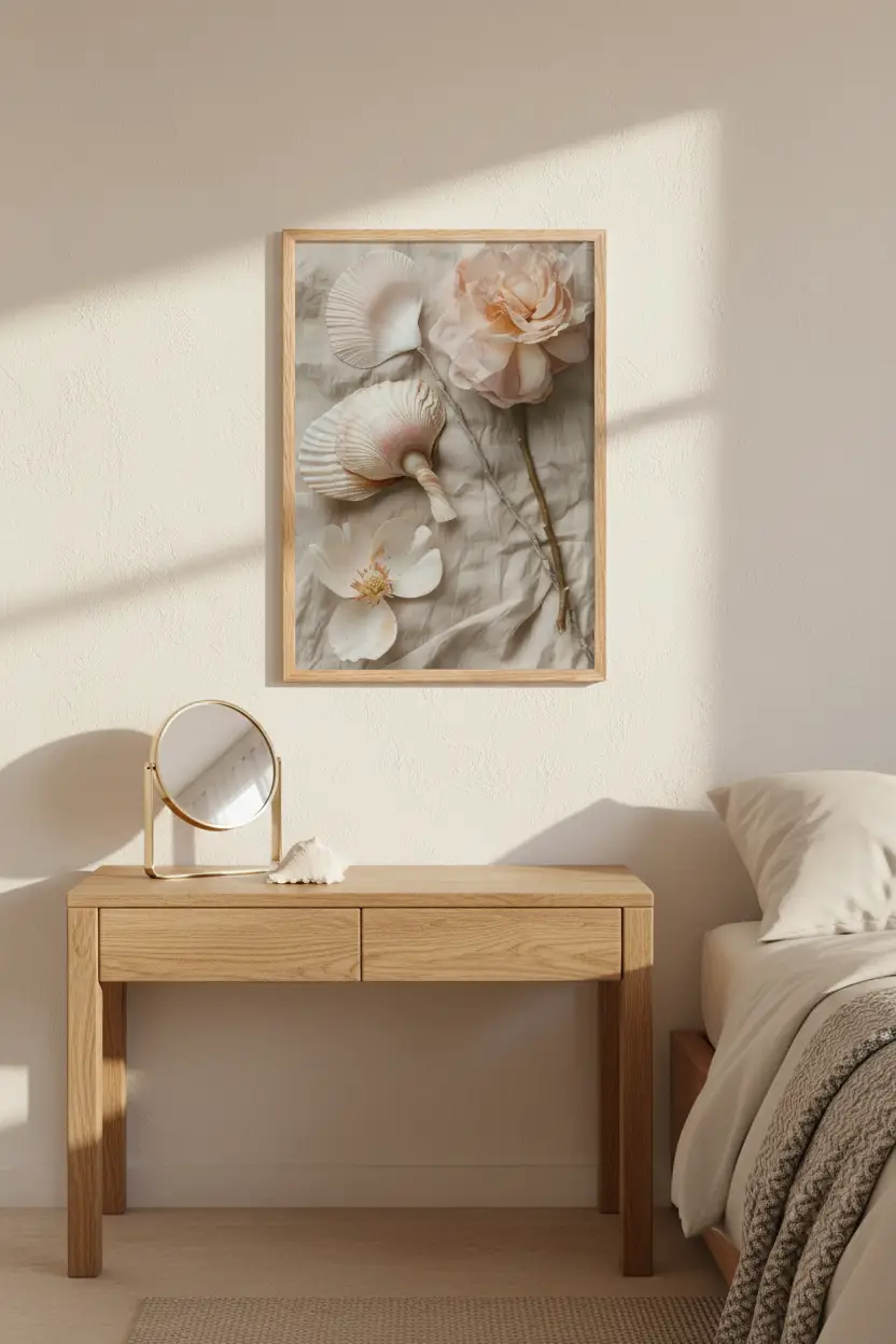 La Récolte — Affiche murale minimaliste coquillages rose pêche fleur blanche lin beige nature mer — affiche murale minimaliste | Cassili-home