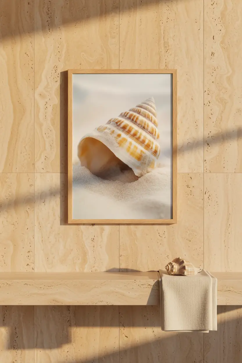 La Spirale du Large — Affiche murale minimaliste coquille conique ivoire ambre sable blanc vague nature mer — affiche murale minimaliste | Cassili-home