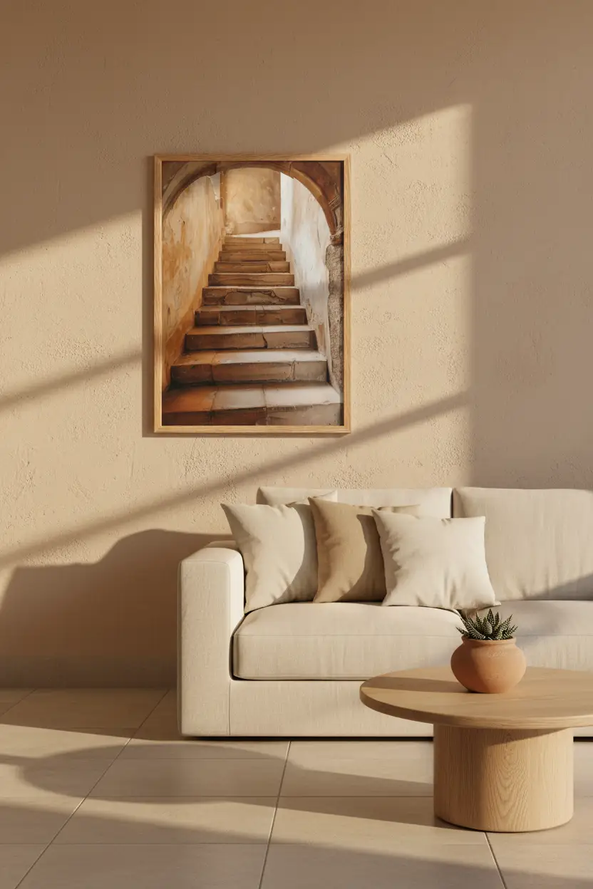 L’Arche Ancienne — Affiche murale minimaliste beige terracotta escalier arche pierre médiéval — affiche murale minimaliste | Cassili-home