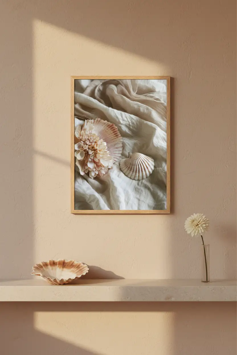 Le Nid de Nacre — Affiche murale minimaliste coquille rose pêche dahlia ivoire lin beige sable nature mer — affiche murale minimaliste | Cassili-home