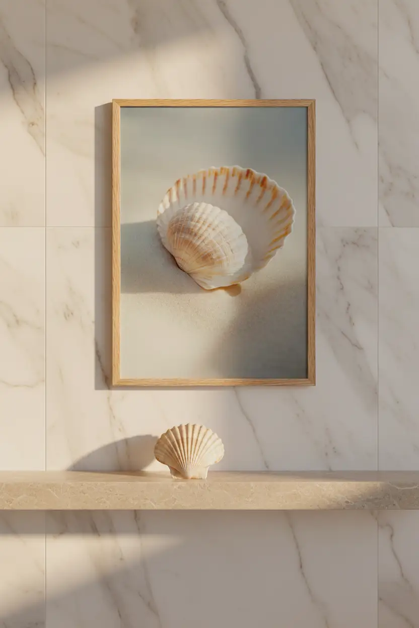 Le Secret de Nacre — Affiche murale minimaliste coquille Saint-Jacques ivoire pêche petite coquille sable blanc nature mer — affiche murale minimaliste | Cassili-home