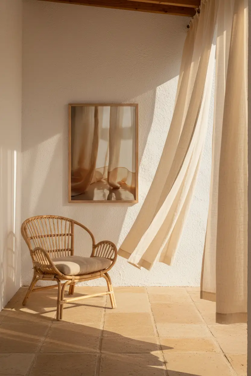 Le Voile d’Or — Affiche murale minimaliste voilage lin ivoire lumière dorée ombre douce — affiche murale minimaliste | Cassili-home