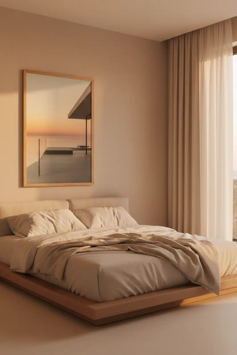 L’Heure Dorée — Affiche murale minimaliste pêche rosé béton mer coucher de soleil architecture — affiche murale minimaliste | Cassili-home