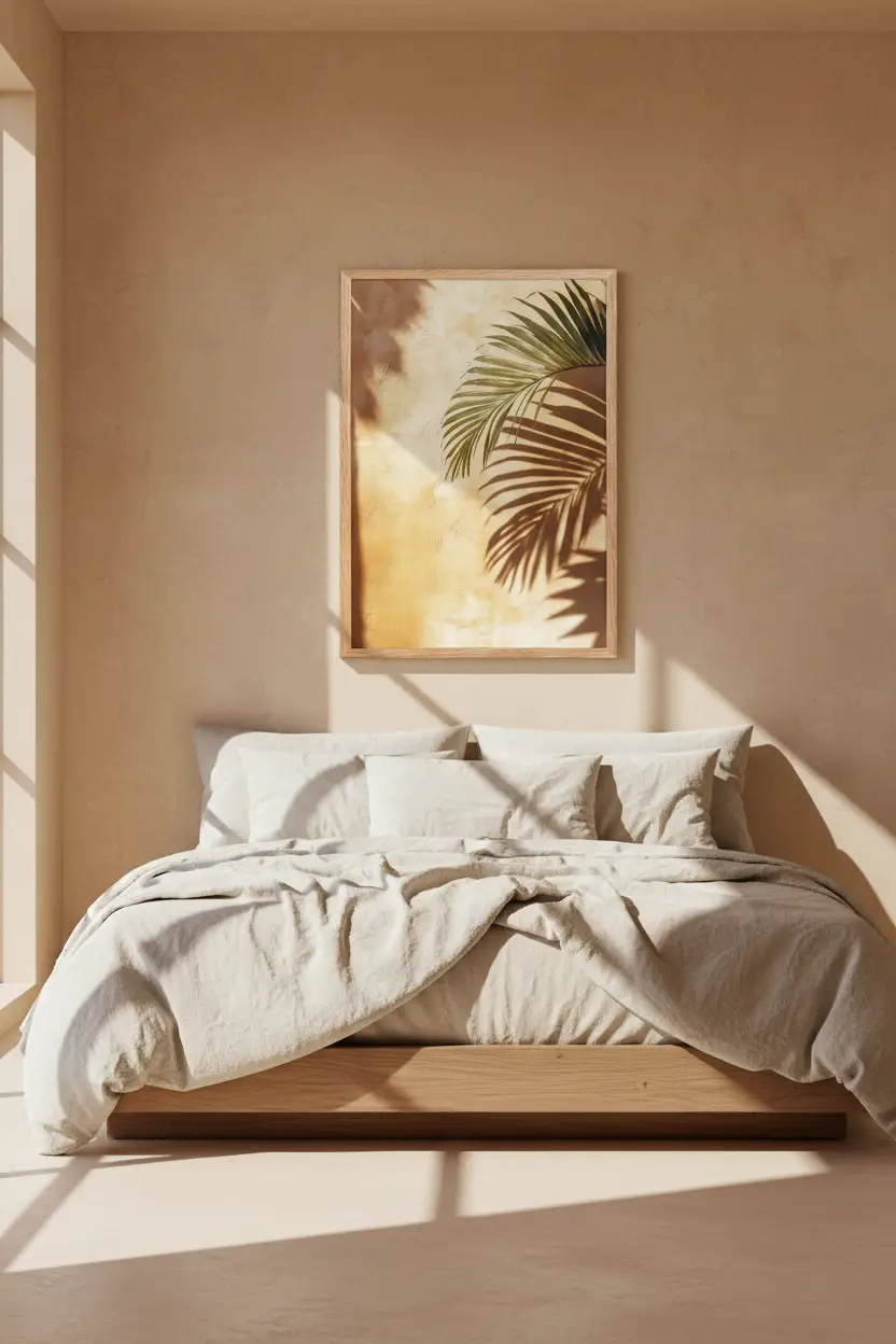 L’Ombre du Palmier — Affiche murale minimaliste ocre doré vert olive palmier ombre méditerranéen — affiche murale minimaliste | Cassili-home