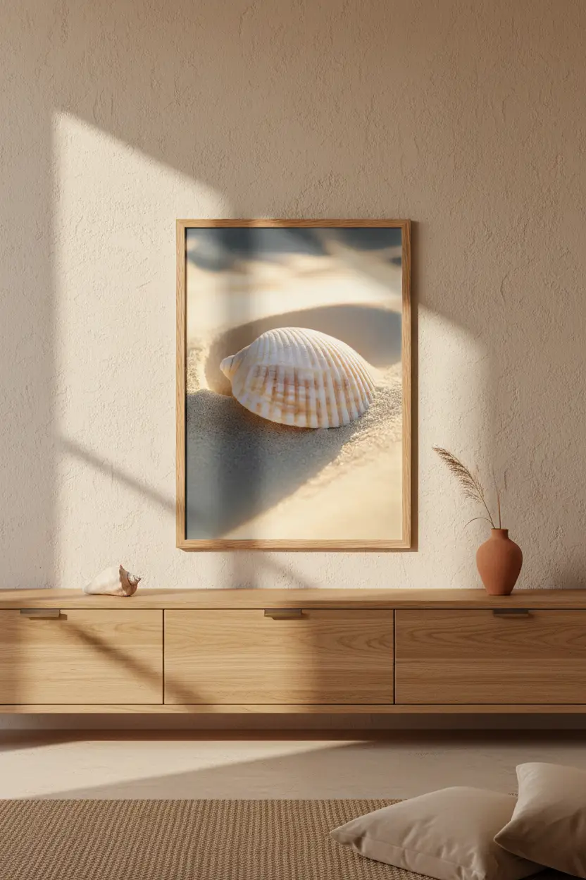 Die Vergessene – Minimalistisches Elfenbein-Wandschild auf goldenem Sand