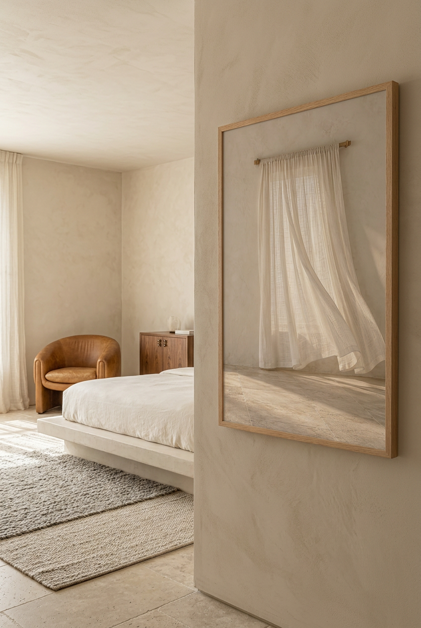 The Curtain in the Breeze — poster in an oak frame above a bed