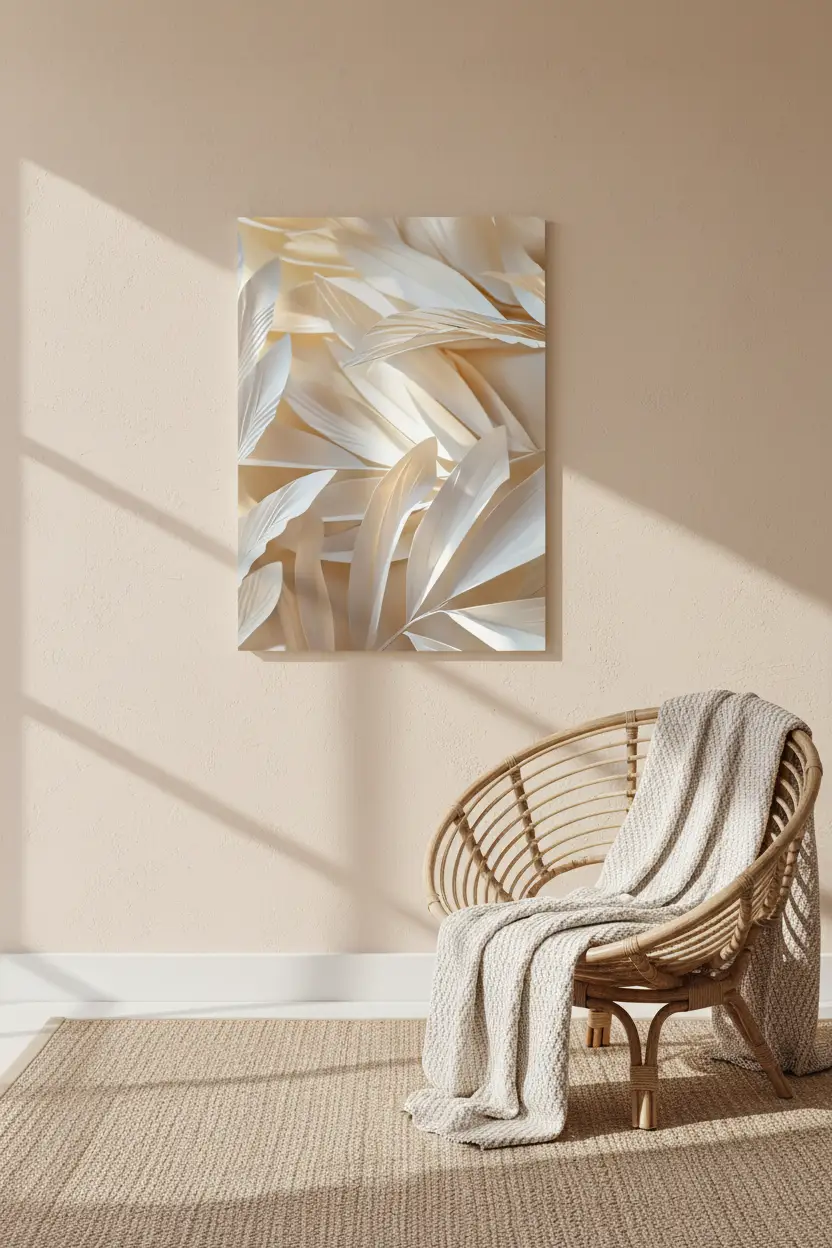 L’Envol Ivoire — Affiche murale minimaliste ivoire blanc végétal aérien, affiche murale minimaliste avec cadre bois, décoration murale salon ou chambre, style méditerranéen