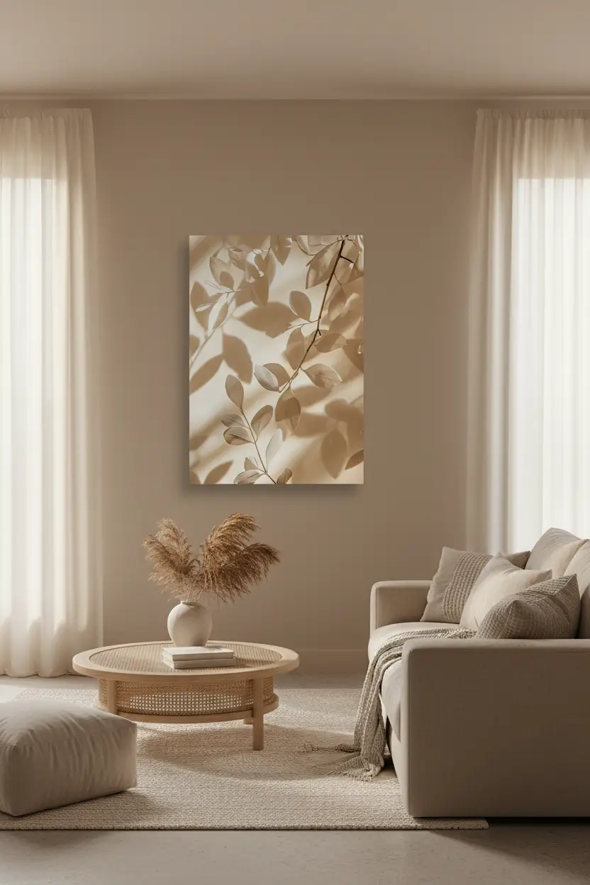 Les Feuilles et leurs Ombres — Affiche murale minimaliste ivoire végétal, affiche murale minimaliste avec cadre bois, décoration murale salon ou chambre, style méditerranéen